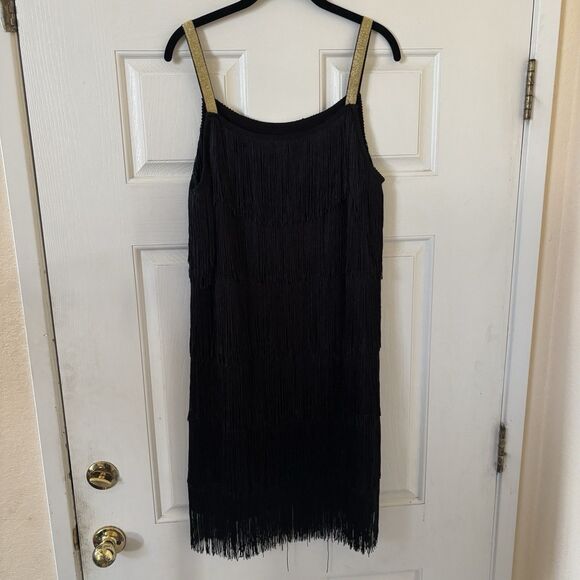 Roaring 20s Flapper Mini Dress Fringe Black Gold Size XL Party Retro‎ Cocktail - Picture 2 of 12